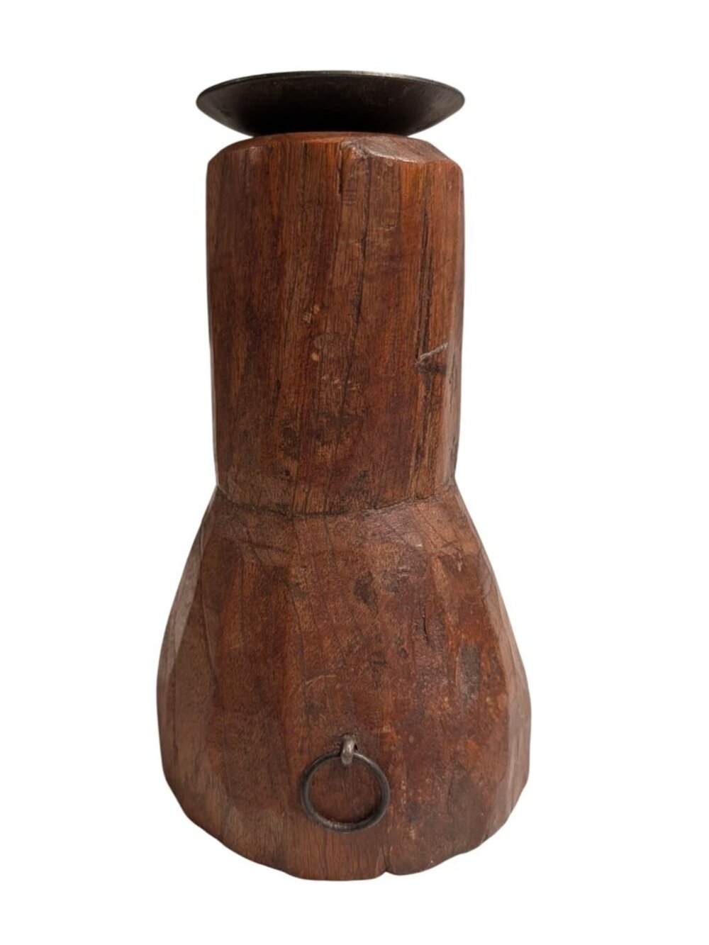 Hand-Carved Wooden Candle Holder with Metal Accent